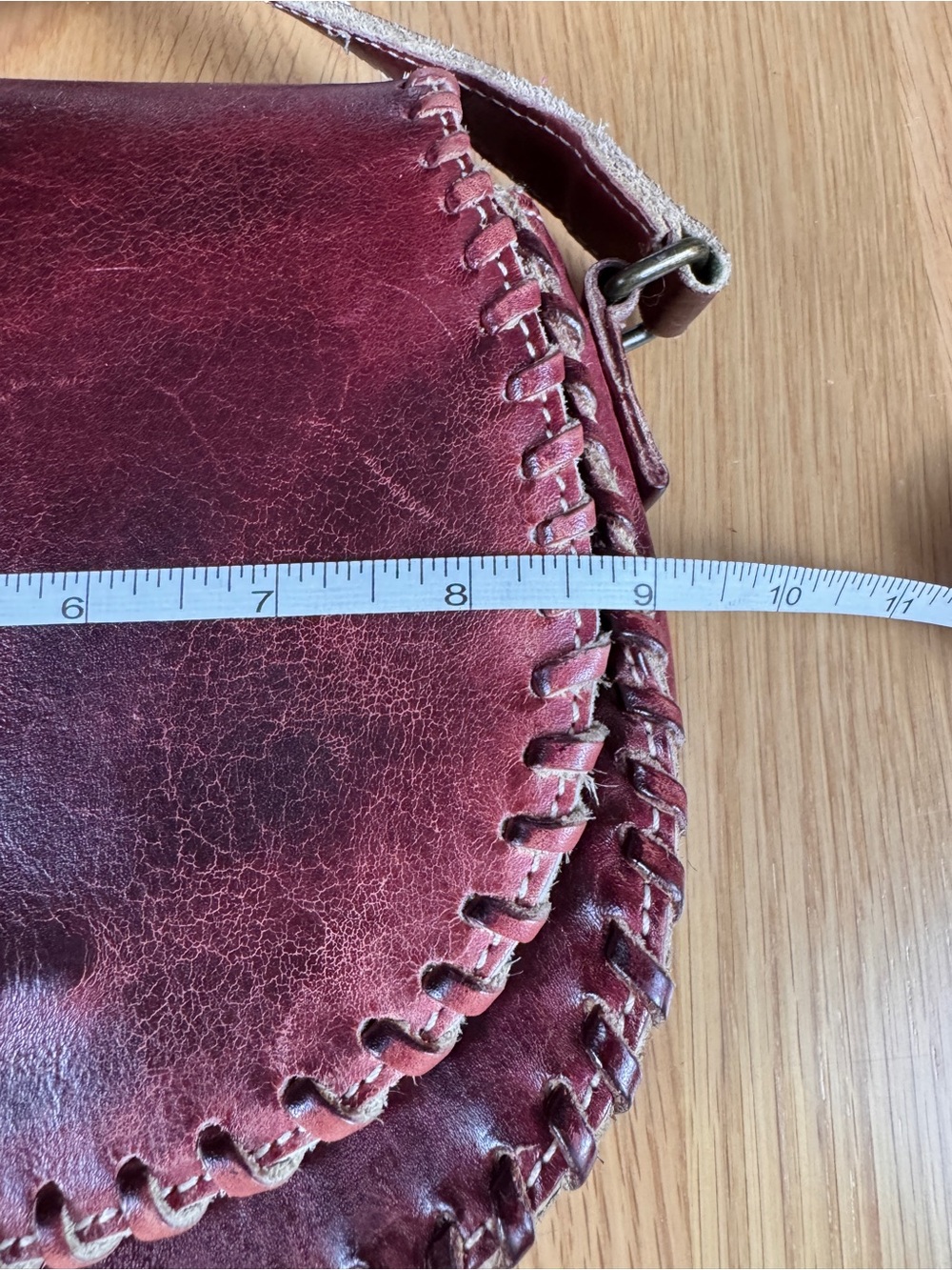BED|STU Burgundy Whipstitch Leather Crossbody with Tassel Halfmoon - Picture 8 of 9